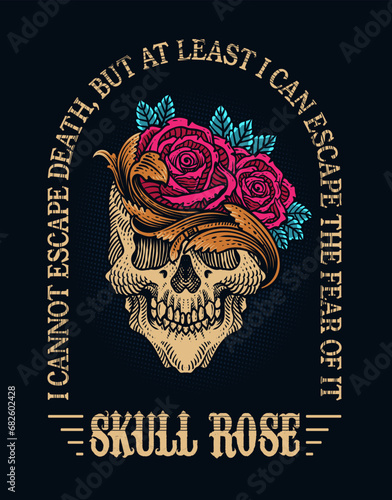 Illustration vintage skull with rose flower