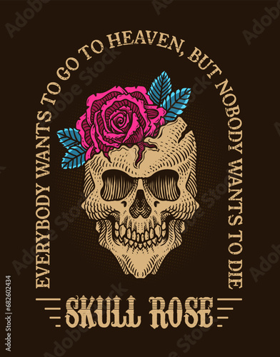 Illustration vintage skull with rose flower