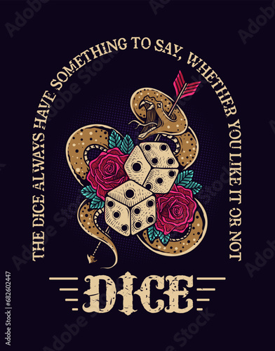 Illustration vintage dice rose flower with snake