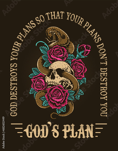 Illustration vintage skull rose flower with snake