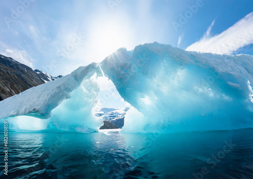 The picture displays icebergs floating in the Antarctic Peninsula, Antarctica.These majestic ice formations contrast with the icy waters,creating a mesmerizing scene of polar beauty and natural wonder