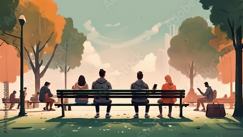 Minimal flat motion of a person sitting at a park bench, surrounded by other people on their phones, all swiping through dating apps. 2D cartoon animation. . photo