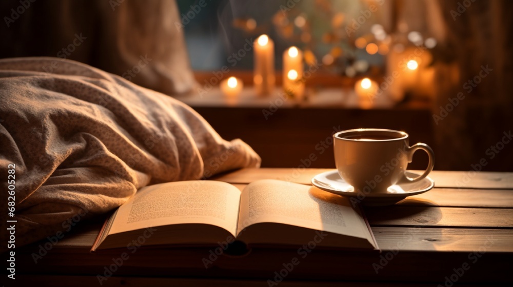 Morning Coffee on an Illuminated Desk and open book generated by AI tool Morning Coffee on an Illuminated Desk and open book generated by AI tool