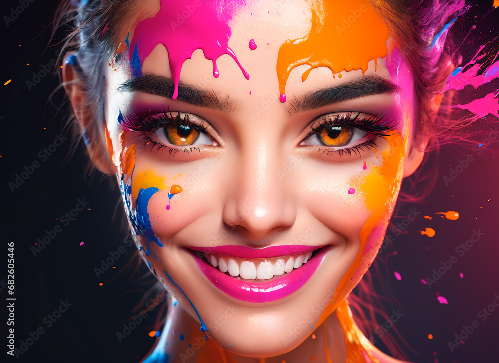 Fototapeta premium Portrait of a handsome young woman with colorful paint splashes on his face.