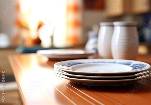 A stack of plates on a wooden table, with a vase of flowers and a bowl of fruit in the background. The table is set for a meal, with placemats, napkins, and silverware arranged for each plate.
