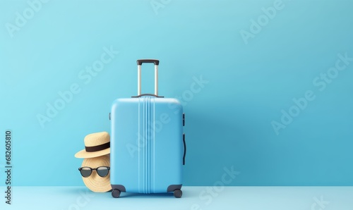 Blue suitcase with sun glasses, hat and camera on pastel blue background. travel concept minimal . 3d rendering, Generative AI 