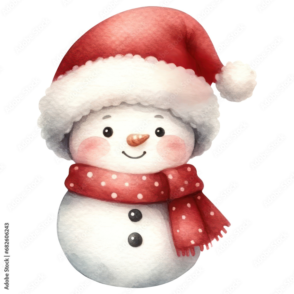 Cute Christmas Snowman wearing Santa hat, Watercolor, Isolated on Transparent Background. Generative AI