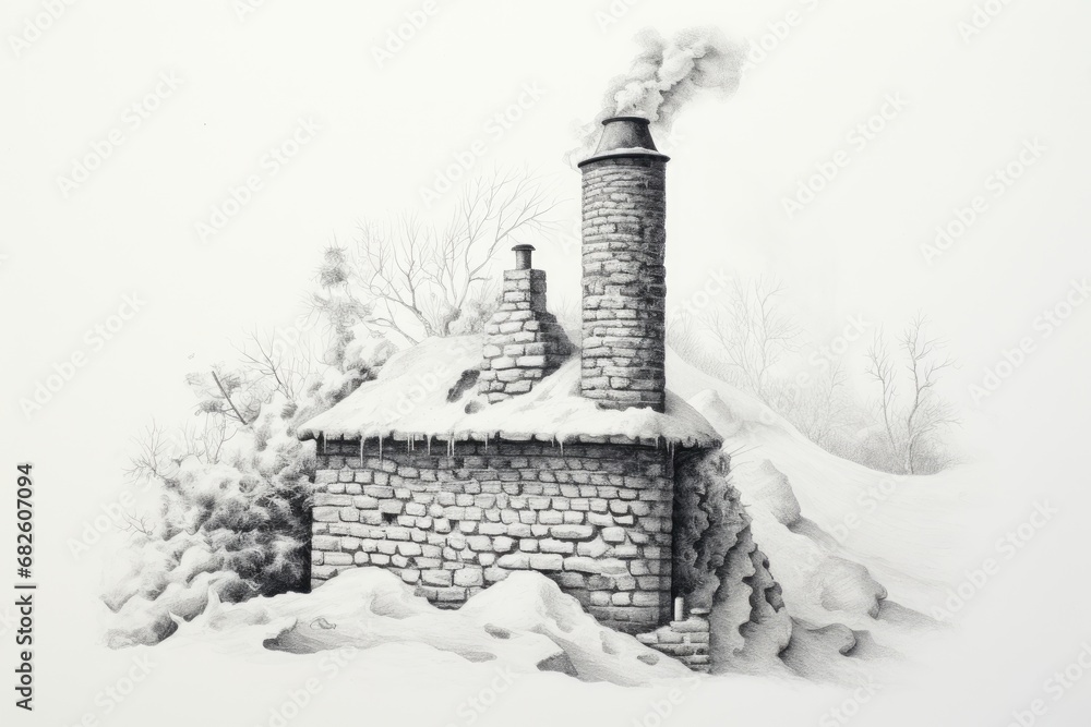 Fototapeta premium Snowy Chimney, white background , drawing
