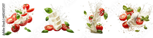 Falling slices of mozzarella tomatoes and basil Hyperrealistic Highly Detailed Isolated On Transparent Background Png File photo