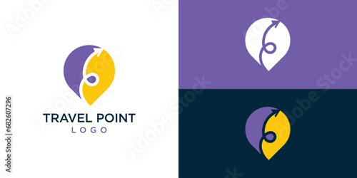 Travel Point Logo Designs Template. Travel Map and Airplane Symbol Icon Vector Illustration.