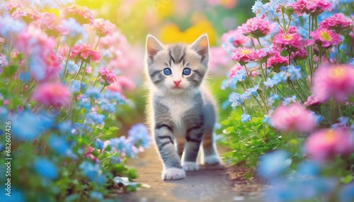Kitten walking in a spring flower garden © fromage