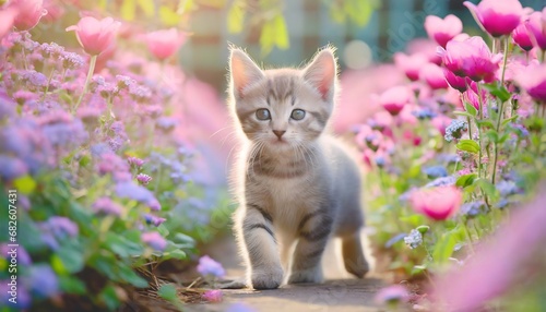 Kitten walking in a spring flower garden