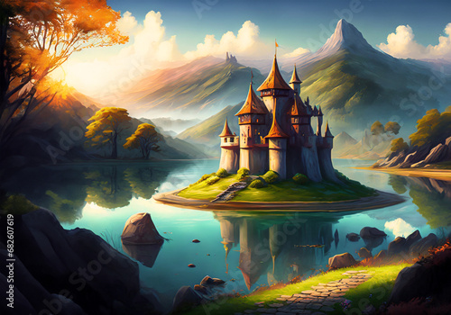 realistic illustration of old castle isolated by lake with mountain landscape background photo