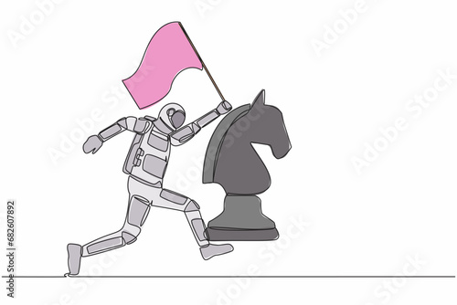 Continuous one line drawing astronaut running and holding flag beside horse chess piece. Celebrating triumph of intergalactic expedition. Cosmonaut outer space. Single line design vector illustration