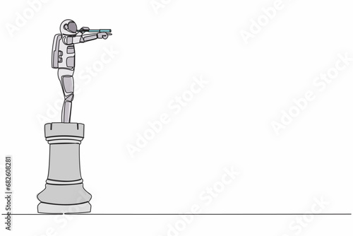 Single continuous line drawing young astronaut on top of big rook chess piece using monocular in moon surface. Looking for new planets. Cosmonaut deep space. One line draw design vector illustration
