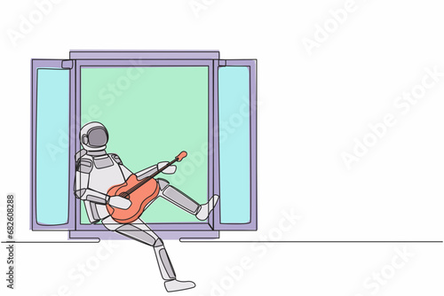 Single continuous line drawing young astronaut sitting on windowsill playing guitar, sing song in moon surface. Relaxation, comfort, romantic. Cosmonaut deep space. One line design vector illustration