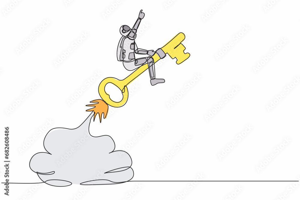Single one line drawing of young astronaut riding key rocket flying in ...