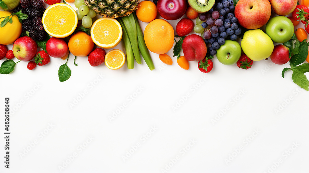 frame of fresh vegetables and fruits isolated on white background - obrazy, fototapety, plakaty 