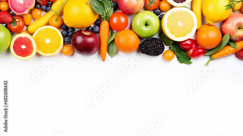 colorful frame of fresh vegetables and fruits isolated on white background