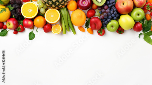frame of fresh vegetables and fruits isolated on white background photo