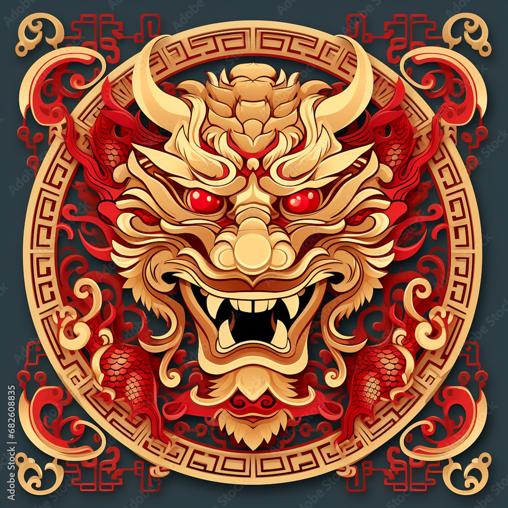 Festive Dragon Decor 2024 New Year Red and Gold Background Photo Ai