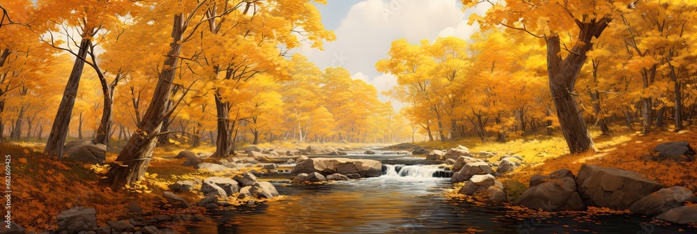 a river is surrounded with yellow leaves, in the style of digital painting, generative AI