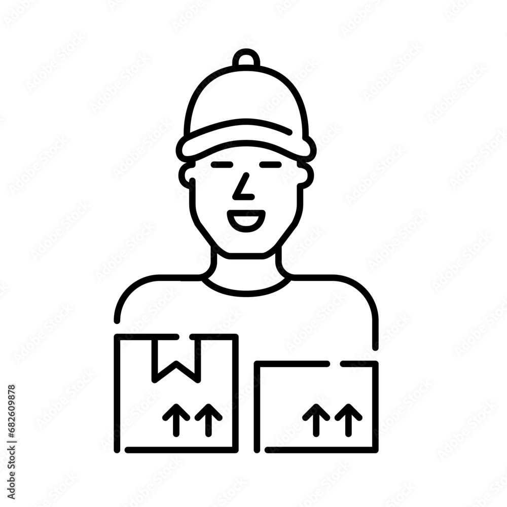 Male courier wearing a baseball cap and holding multiple packages. Pixel perfect, editable stroke icon