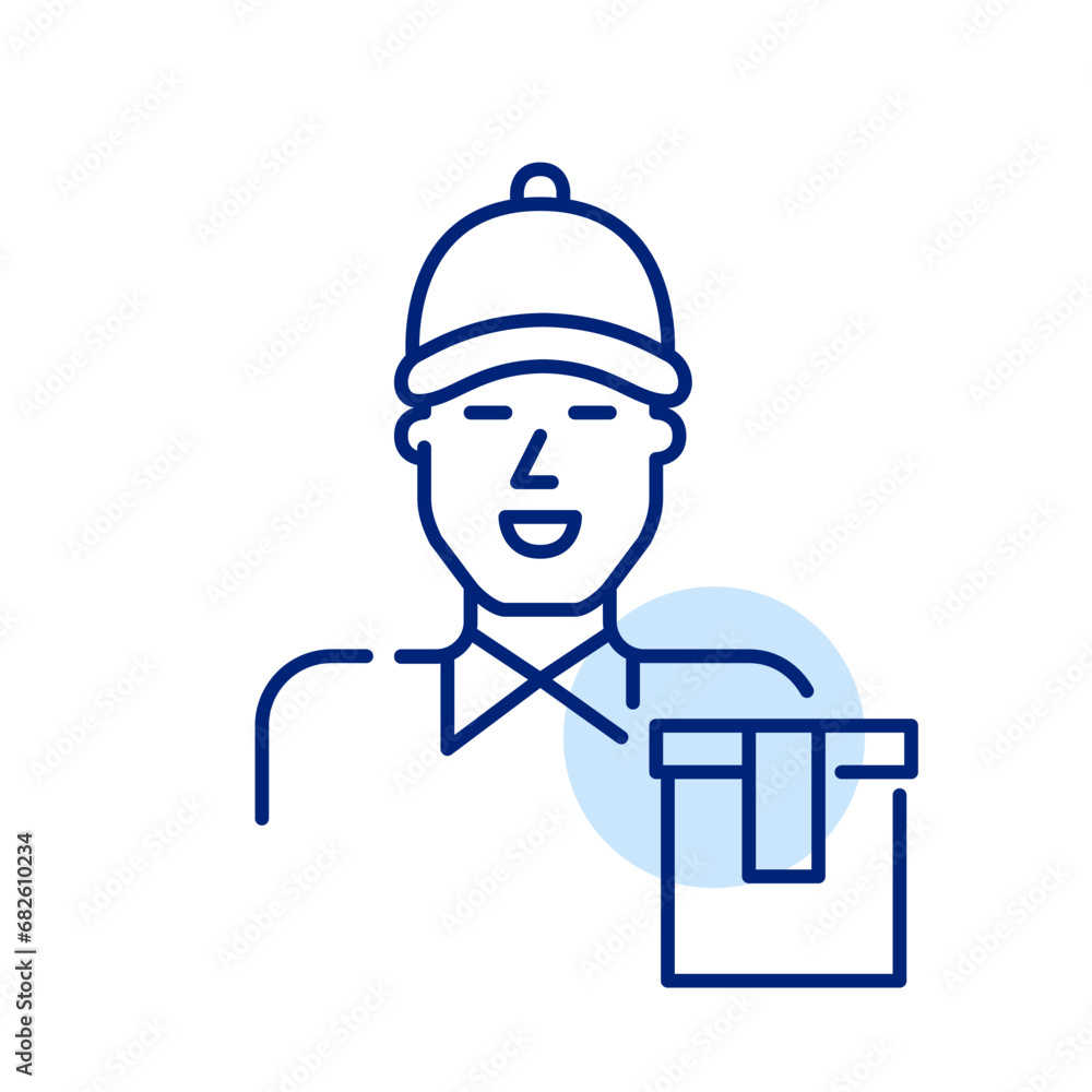 Smiling courier man working in food delivery. Take away paper bag. Pixel perfect, editable stroke icon Smiling courier man working in food delivery. Take away paper bag. Pixel perfect, editable stroke icon