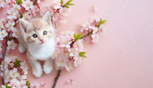 A kitten inside the cherry blossoms seen from above