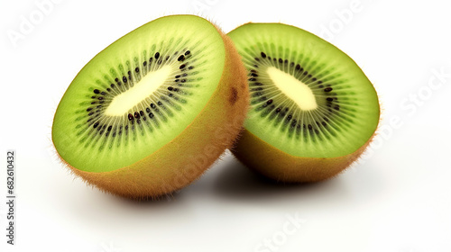 fruit background with one kiwi fruit cut in half isolated on white background