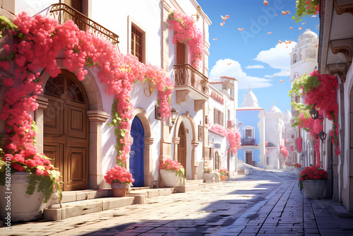 A town street with pink flowering plants and traditional white architecture photo