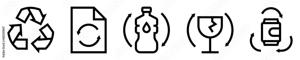 Conjunto de iconos de reciclaje. Sostenibilidad, reutilizar. Flechas de reciclaje, papel, plásticos, vidrios, metales. Ilustración vectorial Conjunto de iconos de reciclaje. Sostenibilidad, reutilizar. Flechas de reciclaje, papel, plásticos, vidrios, metales. Ilustración vectorial