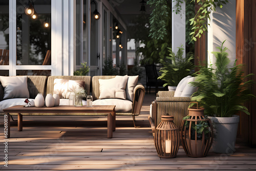 A white wood outdoor area with wooden furniture photo