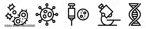 Conjunto de iconos de microbiología. Investigación científica. Bacteria, virus, pipeta con cultivo, microscopio, ADN. Ilustración vectorial
