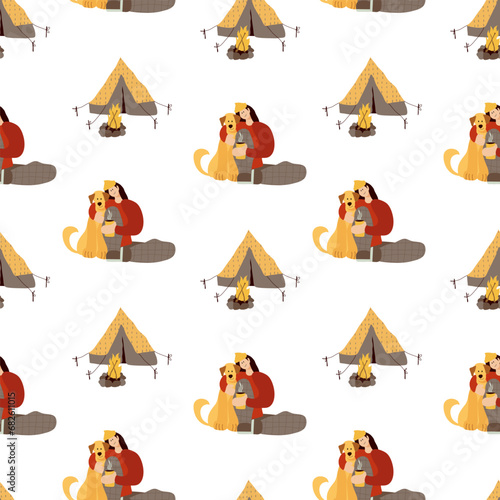 Seamless pattern with woman and pet dog hiking and camping. Camp with tent, bonfire. Hand drawn style.
