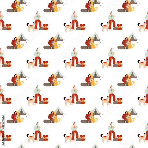 Seamless pattern with woman and pet dog hiking and camping at mountains. Hand drawn style.
