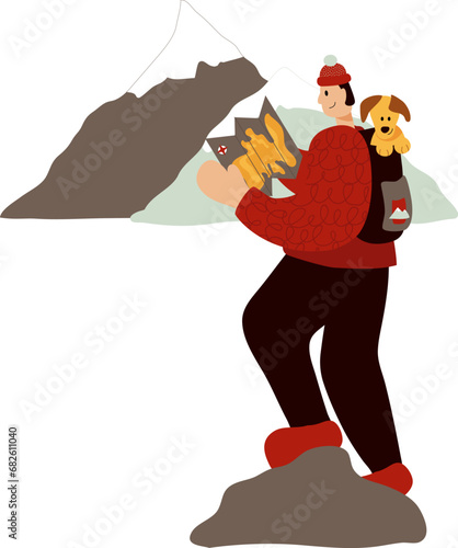 Man with pet dog puppy hiking and camping at mountains. Hand drawn style. Traveling with map and bag