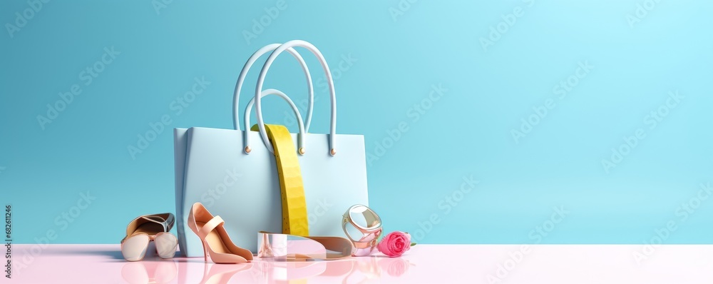 Fashion accessories bag, high heels, lipstick in bag shopping on pastel blue background. 3d rendering, Generative AI  - obrazy, fototapety, plakaty 