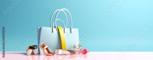 Fashion accessories bag, high heels, lipstick in bag shopping on pastel blue background. 3d rendering, Generative AI 