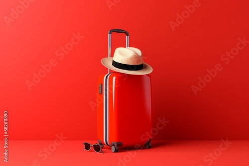 Suitcase with hat and sunglasses on red background. travel concept. minimal style. 3d rendering, Generative AI 