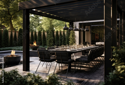 a modern gazebo with white furniture and a patio area