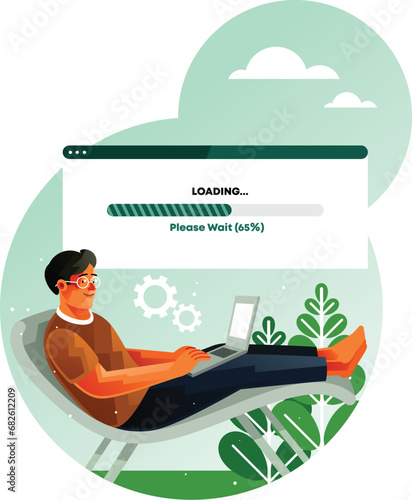 A man waits for loading bar on laptop