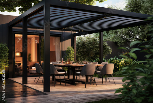 a modern gazebo with white furniture and a patio area © Kien