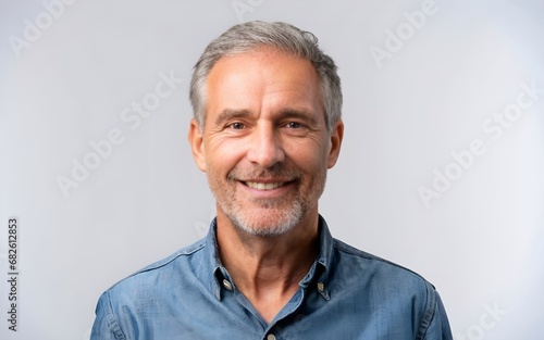 Close up photo portrait of a beautiful middle aged man smiling with clean teeth, detailed features,  in casual, older man, mature man, white background, photo