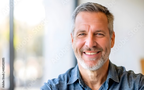 Close up photo portrait of a beautiful middle aged man smiling with clean teeth, detailed features,  in casual, older man, mature man, white background,