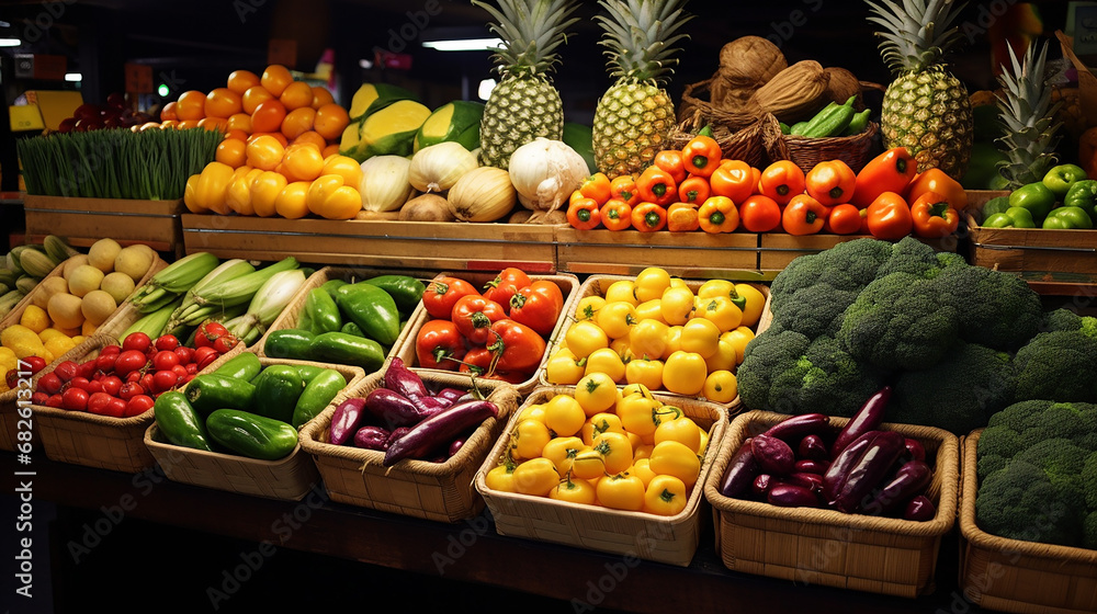 colorful background with fresh market fruits and vegetables with pineapple carrot tomato broccoli