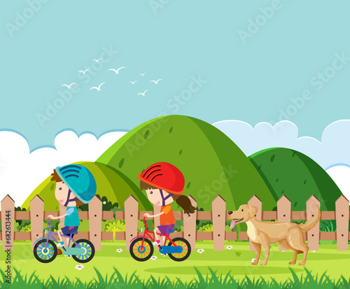 Children Cycling with Mountain and Dog