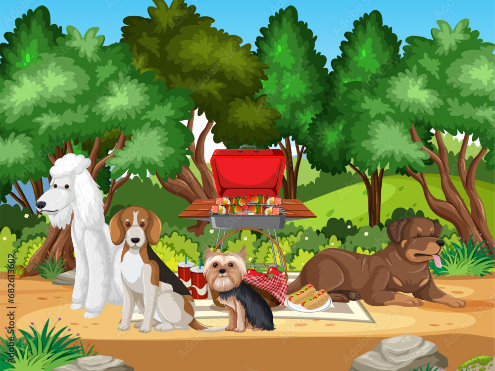 Naklejka premium Dogs Sitting in Nature Park Scene