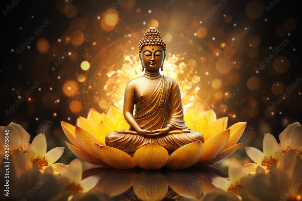 glowing golden buddha meditating on a lotus