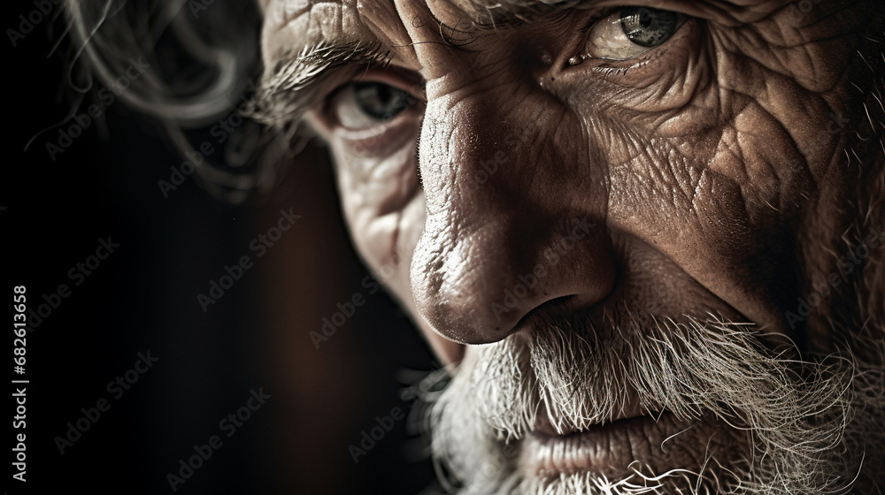 A close up of an old man with a beard and many wrinkles on a black background